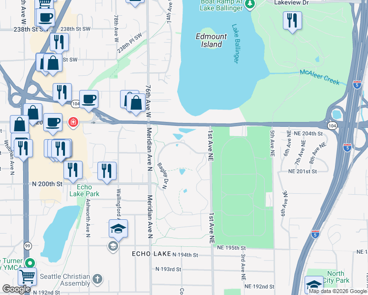 map of restaurants, bars, coffee shops, grocery stores, and more near 2405 North 202nd Place in Shoreline