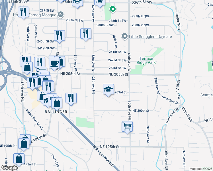 map of restaurants, bars, coffee shops, grocery stores, and more near 2545 Northeast 204th Street in Shoreline