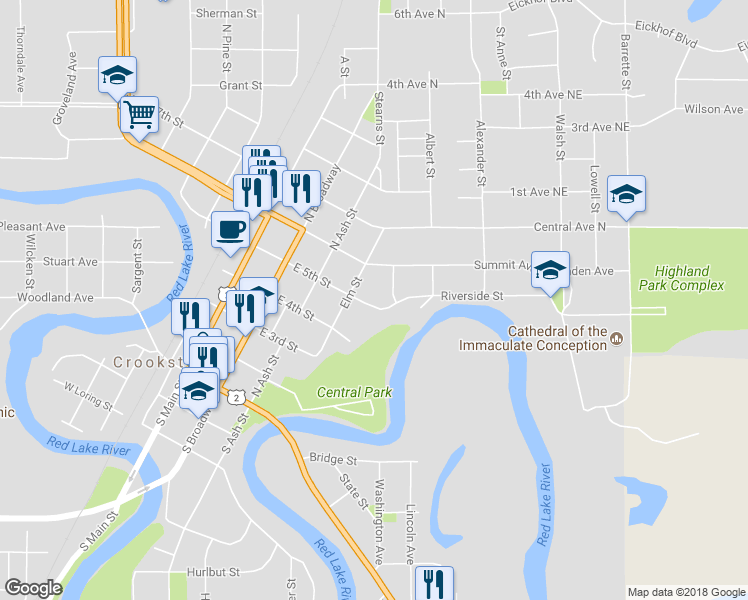 map of restaurants, bars, coffee shops, grocery stores, and more near 317 East 5th Street in Crookston