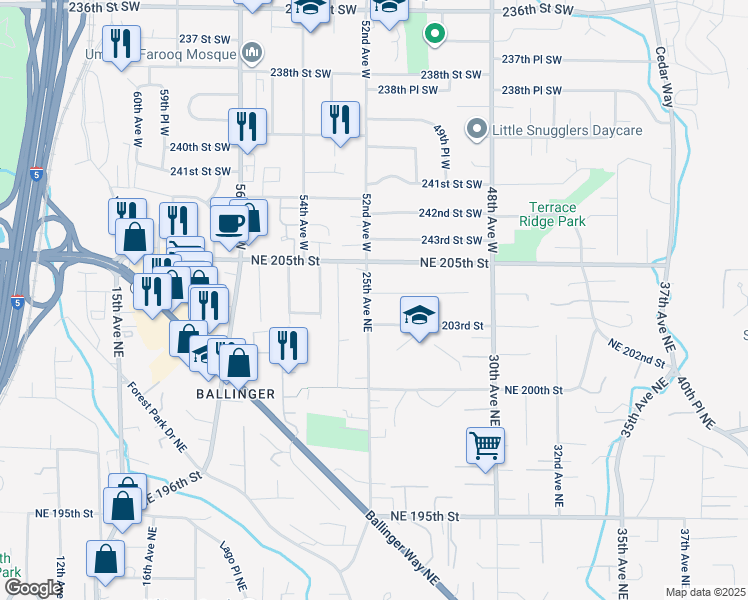 map of restaurants, bars, coffee shops, grocery stores, and more near 20324 25th Avenue Northeast in Shoreline