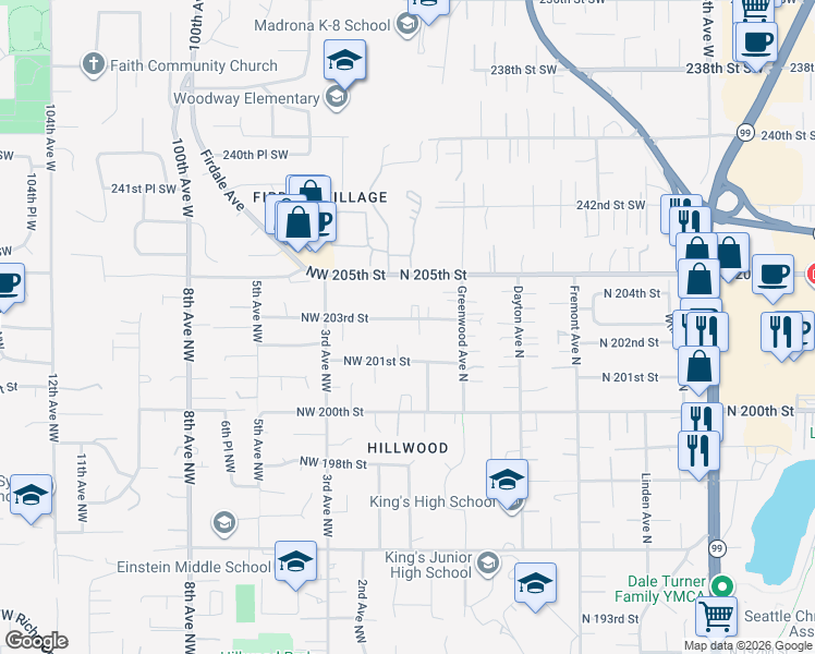 map of restaurants, bars, coffee shops, grocery stores, and more near 115 North 203rd Street in Shoreline