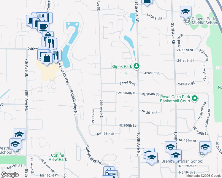 map of restaurants, bars, coffee shops, grocery stores, and more near 9704 Northeast 204th Place in Bothell