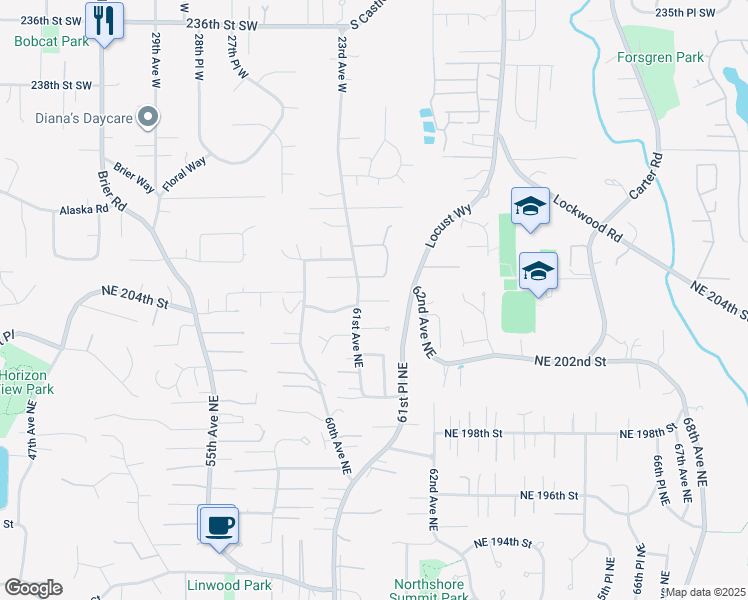 map of restaurants, bars, coffee shops, grocery stores, and more near 6128 Northeast 204th Street in Kenmore