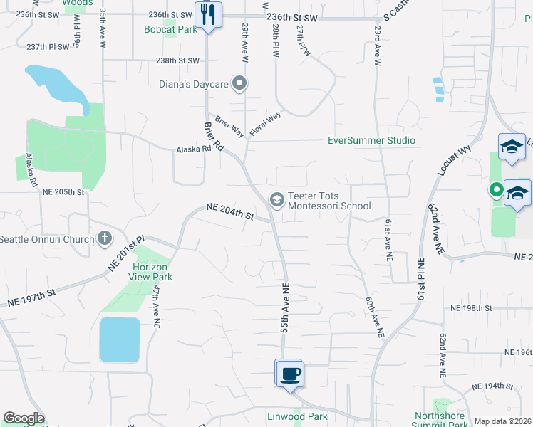 map of restaurants, bars, coffee shops, grocery stores, and more near 20404 55th Place Northeast in Lake Forest Park