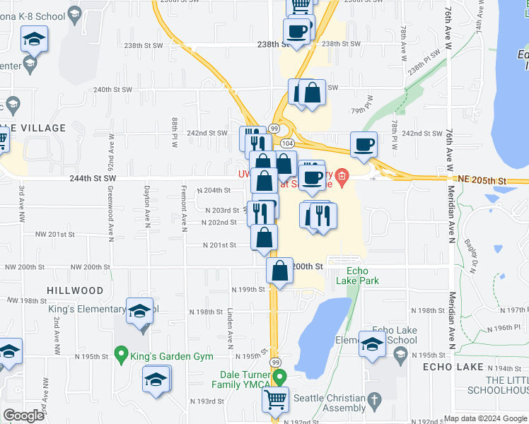 map of restaurants, bars, coffee shops, grocery stores, and more near 20305 Aurora Avenue North in Shoreline