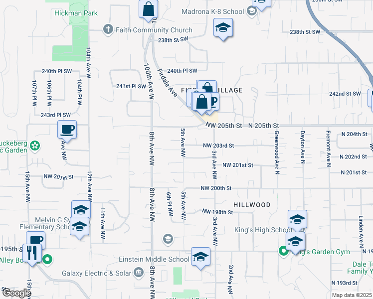 map of restaurants, bars, coffee shops, grocery stores, and more near 20214 5th Avenue Northwest in Shoreline