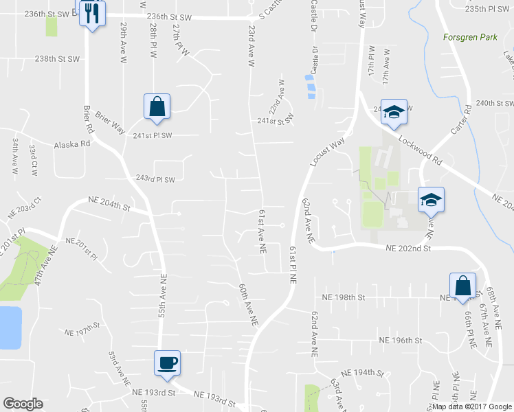 map of restaurants, bars, coffee shops, grocery stores, and more near 6046 Northeast 204th Street in Kenmore
