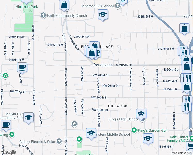 map of restaurants, bars, coffee shops, grocery stores, and more near 303 Northwest 203rd Street in Shoreline