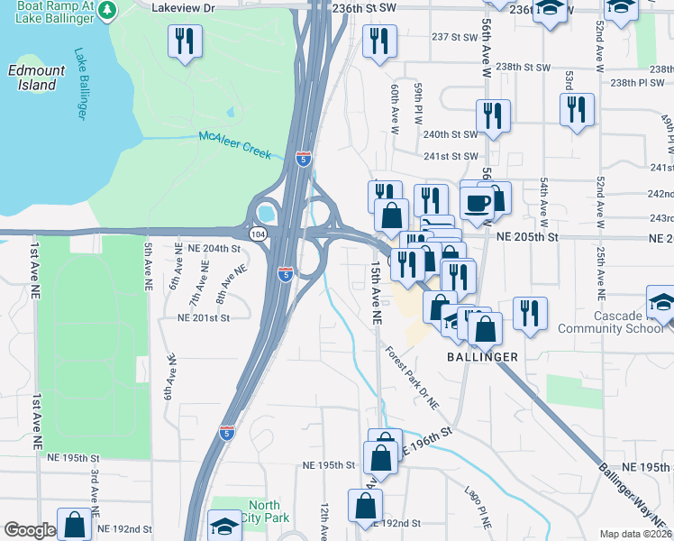 map of restaurants, bars, coffee shops, grocery stores, and more near 20313 14th Avenue Northeast in Shoreline