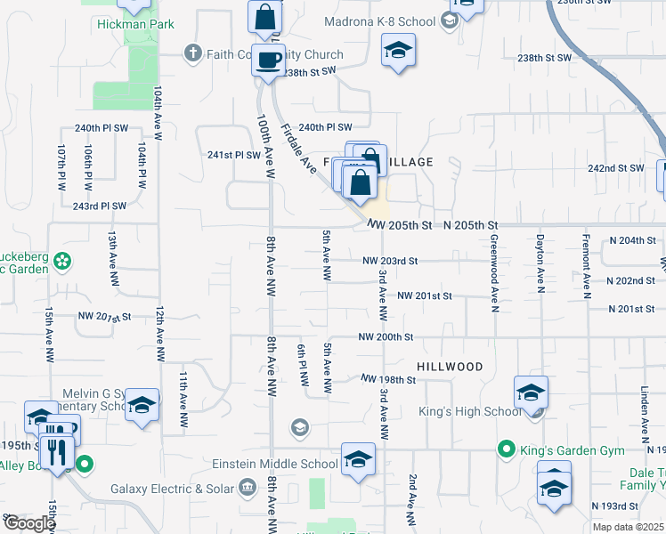 map of restaurants, bars, coffee shops, grocery stores, and more near 20214 5th Avenue Northwest in Shoreline
