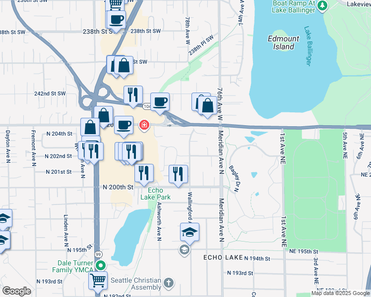 map of restaurants, bars, coffee shops, grocery stores, and more near 20313 Wallingford Avenue North in Shoreline