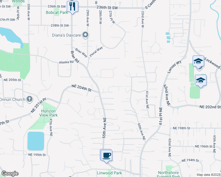 map of restaurants, bars, coffee shops, grocery stores, and more near 20408 57th Avenue Northeast in Kenmore
