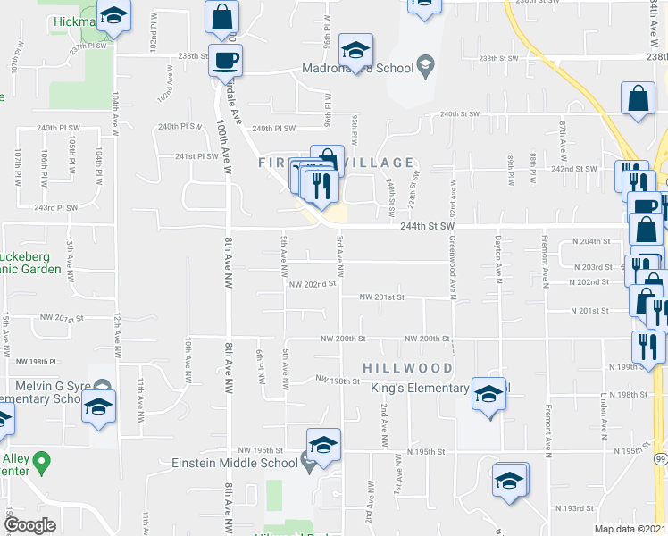 map of restaurants, bars, coffee shops, grocery stores, and more near 303 Northwest 203rd Street in Shoreline