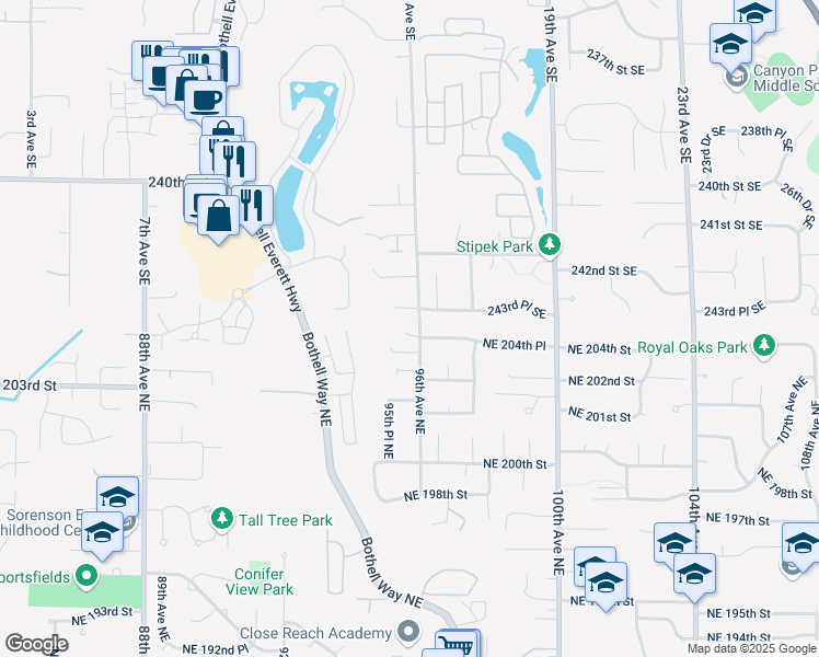 map of restaurants, bars, coffee shops, grocery stores, and more near 20415 96th Avenue Northeast in Bothell