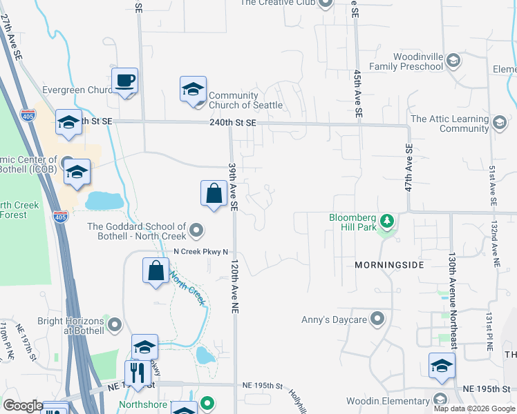 map of restaurants, bars, coffee shops, grocery stores, and more near 3918 243rd Place Southeast in Bothell