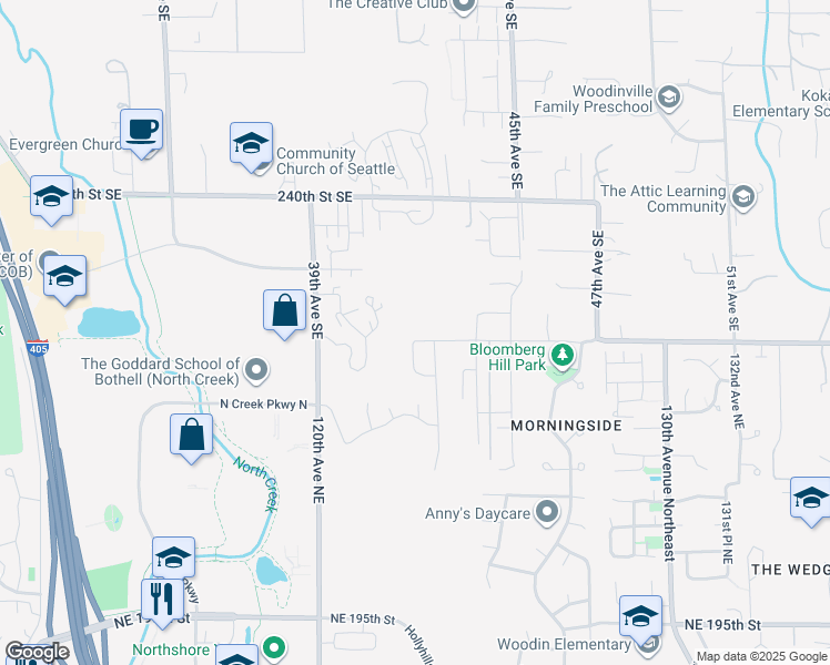 map of restaurants, bars, coffee shops, grocery stores, and more near 12316 Northeast 205th Street in Bothell