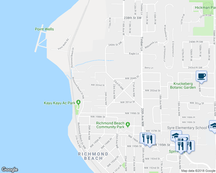 map of restaurants, bars, coffee shops, grocery stores, and more near 20156 24th Avenue Northwest in Shoreline