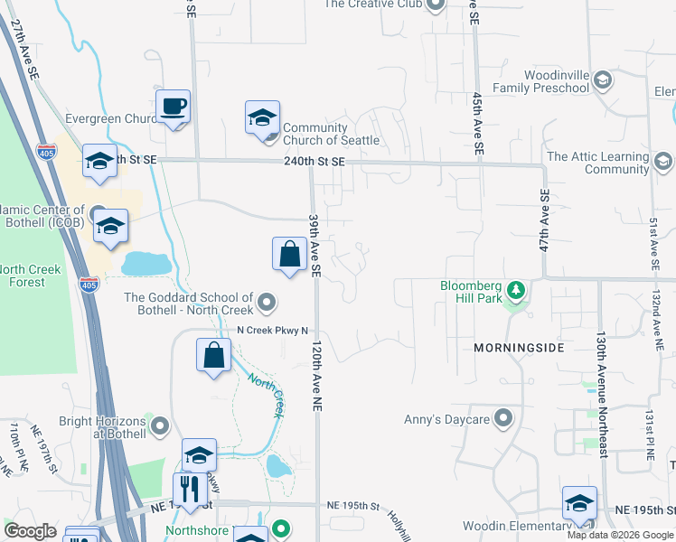 map of restaurants, bars, coffee shops, grocery stores, and more near 12007 Northeast 204th Place in Bothell