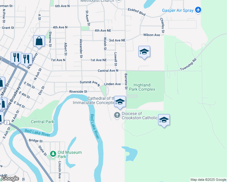 map of restaurants, bars, coffee shops, grocery stores, and more near 516 Walsh Street in Crookston