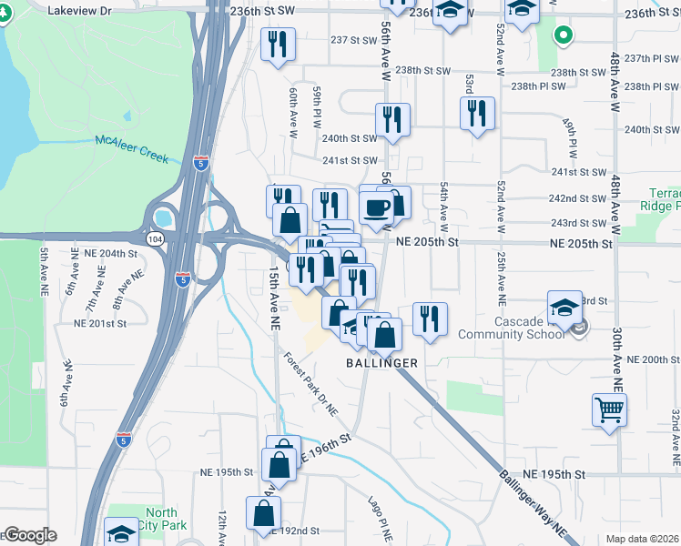 map of restaurants, bars, coffee shops, grocery stores, and more near 20301 19th Avenue Northeast in Shoreline