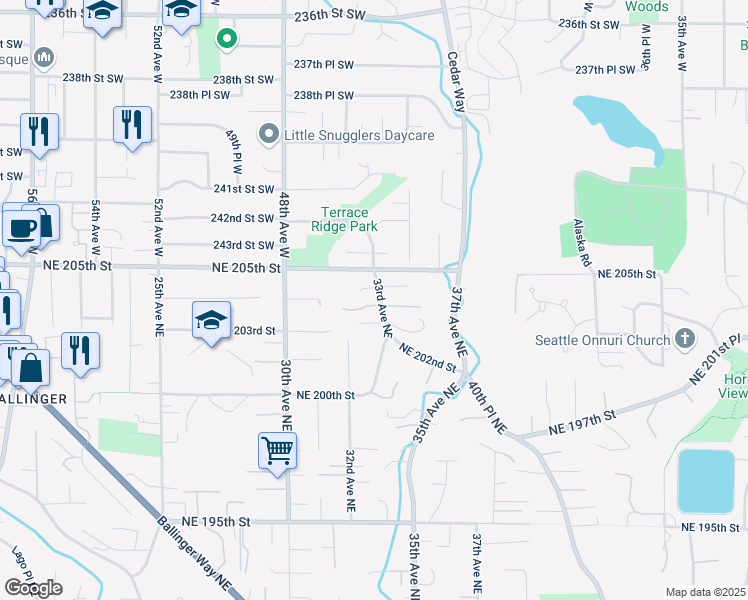 map of restaurants, bars, coffee shops, grocery stores, and more near 3236 NE 204th St in Lake Forest Park