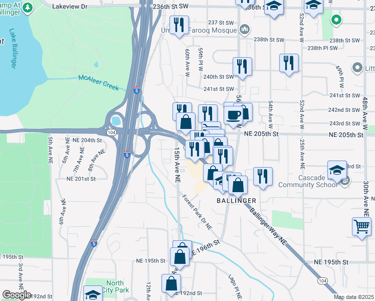 map of restaurants, bars, coffee shops, grocery stores, and more near 20333 Ballinger Way NE in Shoreline
