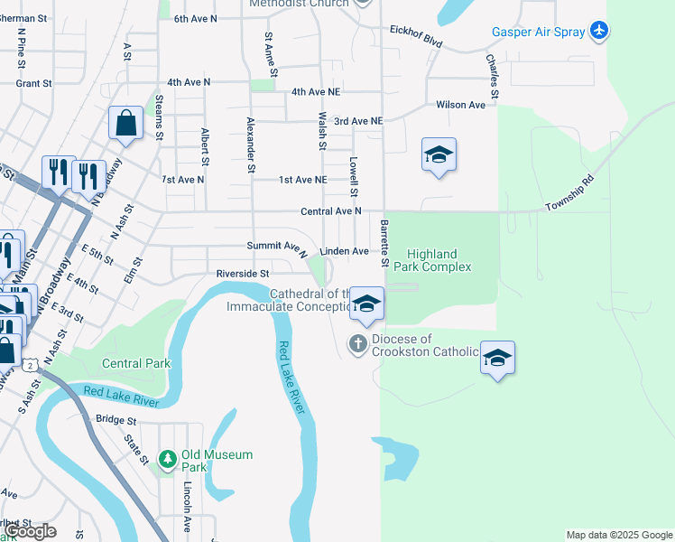 map of restaurants, bars, coffee shops, grocery stores, and more near 516 Walsh Street in Crookston
