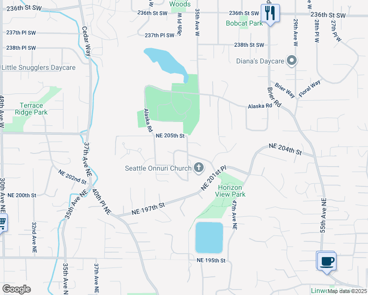 map of restaurants, bars, coffee shops, grocery stores, and more near 4420 Northeast 203rd Place in Lake Forest Park