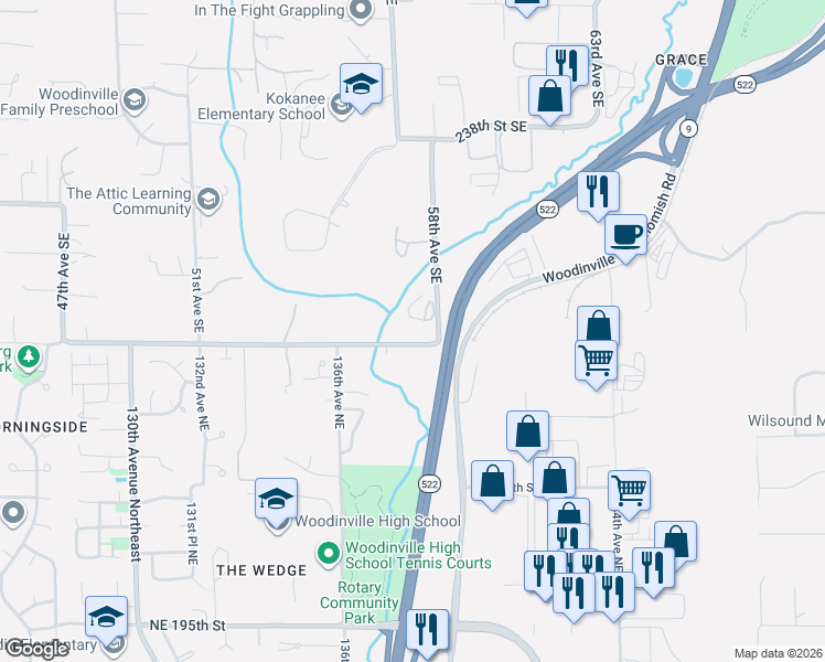 map of restaurants, bars, coffee shops, grocery stores, and more near 13831 Northeast 205th Street in Woodinville