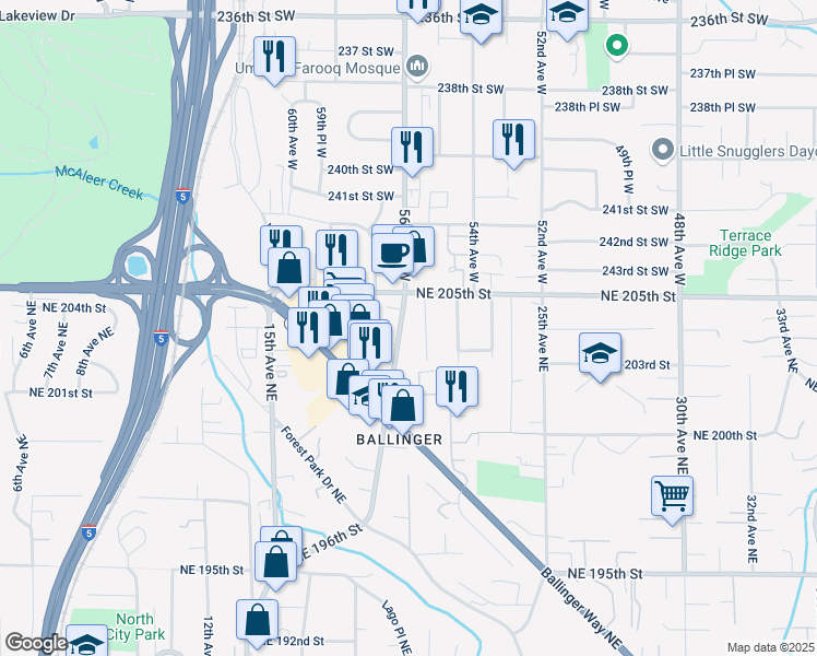 map of restaurants, bars, coffee shops, grocery stores, and more near 20318 19th Avenue Northeast in Shoreline