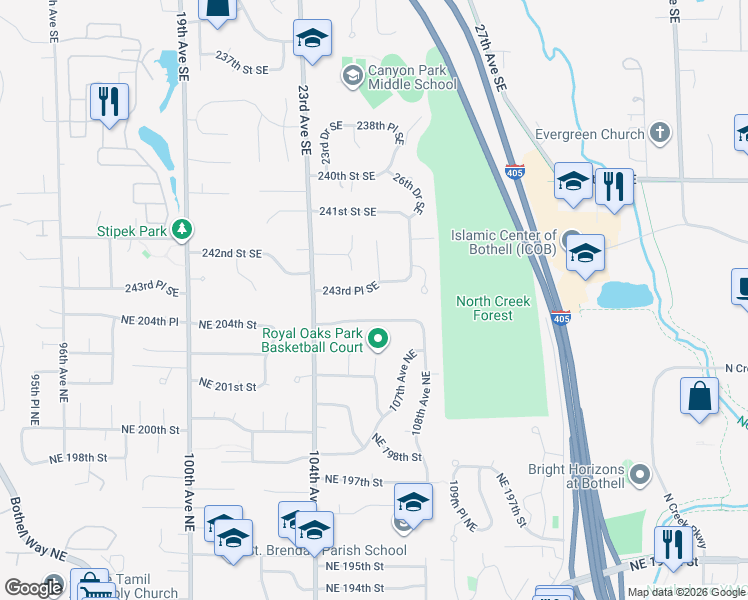 map of restaurants, bars, coffee shops, grocery stores, and more near 2426 243rd Place Southeast in Bothell