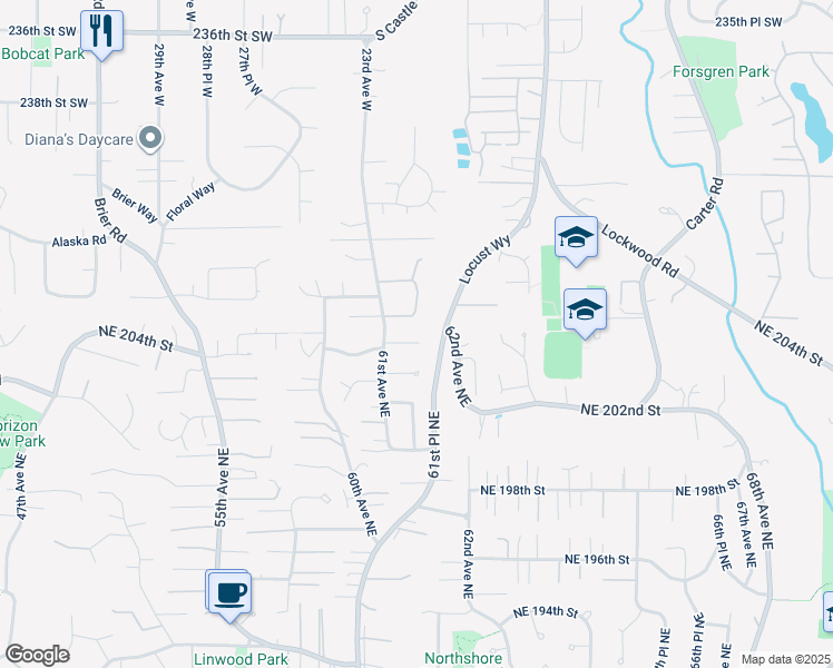 map of restaurants, bars, coffee shops, grocery stores, and more near 6128 Northeast 204th Street in Kenmore