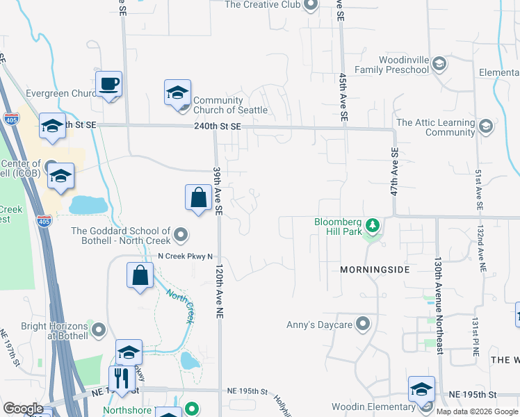 map of restaurants, bars, coffee shops, grocery stores, and more near 3918 243rd Place Southeast in Bothell