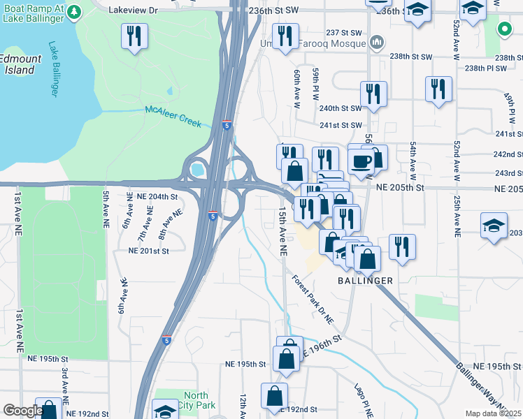 map of restaurants, bars, coffee shops, grocery stores, and more near 20065 15th Avenue Northeast in Shoreline