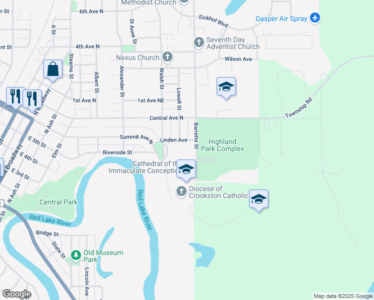 map of restaurants, bars, coffee shops, grocery stores, and more near 516 Walsh Street in Crookston