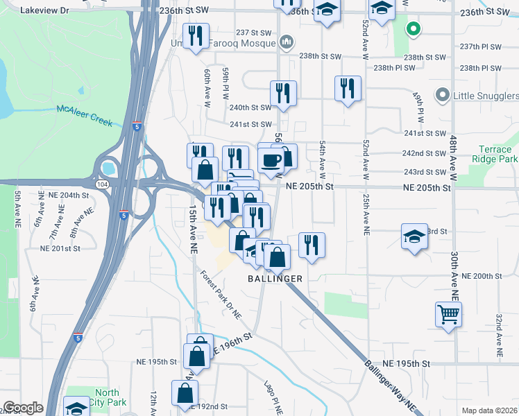 map of restaurants, bars, coffee shops, grocery stores, and more near 20301 19th Avenue Northeast in Shoreline