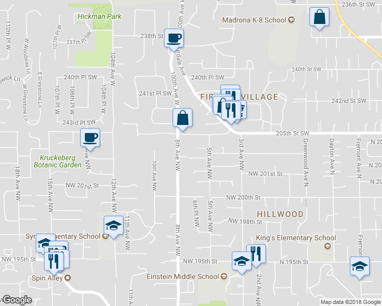 map of restaurants, bars, coffee shops, grocery stores, and more near 536 Northwest 203rd Street in Shoreline