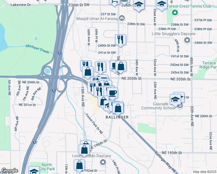 map of restaurants, bars, coffee shops, grocery stores, and more near 20301 19th Avenue Northeast in Shoreline