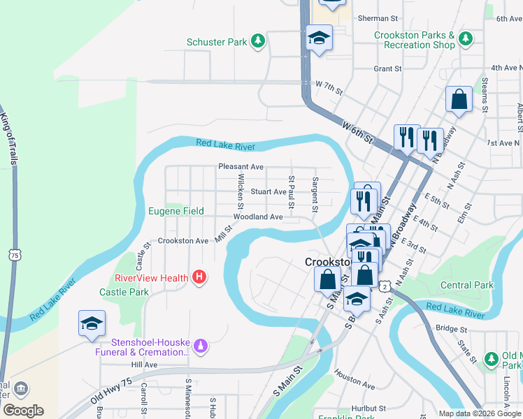 map of restaurants, bars, coffee shops, grocery stores, and more near 604 Woodland Avenue in Crookston