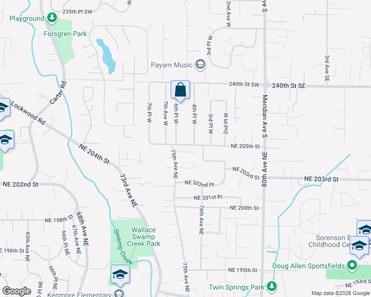 map of restaurants, bars, coffee shops, grocery stores, and more near 7538 Northeast 204th Place in Kenmore