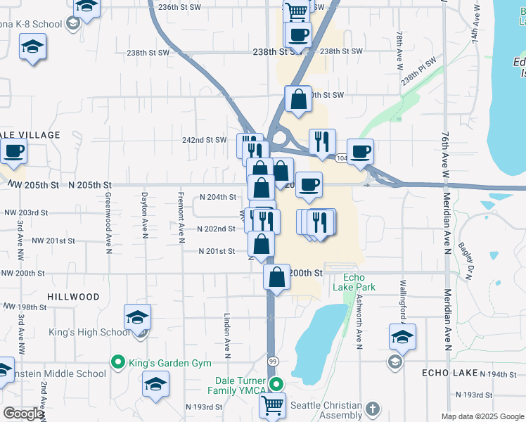 map of restaurants, bars, coffee shops, grocery stores, and more near 20305 Aurora Avenue North in Shoreline