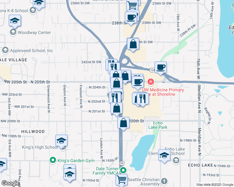 map of restaurants, bars, coffee shops, grocery stores, and more near 20305 Aurora Avenue North in Shoreline