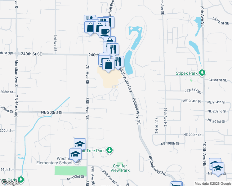 map of restaurants, bars, coffee shops, grocery stores, and more near 9017 Northeast 203rd Court in Bothell