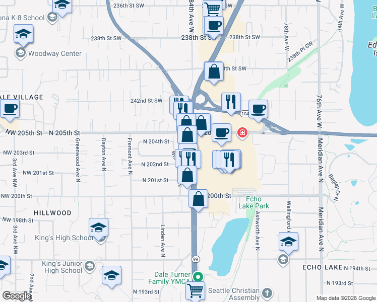 map of restaurants, bars, coffee shops, grocery stores, and more near 20305 Aurora Avenue North in Shoreline
