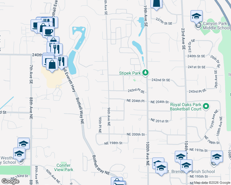 map of restaurants, bars, coffee shops, grocery stores, and more near 9704 Northeast 204th Place in Bothell