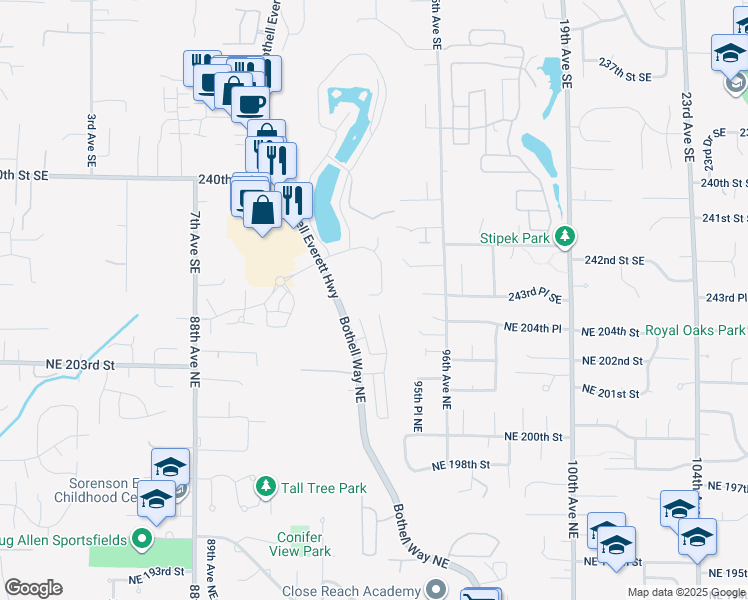 map of restaurants, bars, coffee shops, grocery stores, and more near 24334 13 Avenue Southeast in Bothell