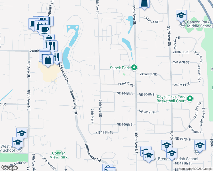 map of restaurants, bars, coffee shops, grocery stores, and more near 9704 Northeast 204th Place in Bothell