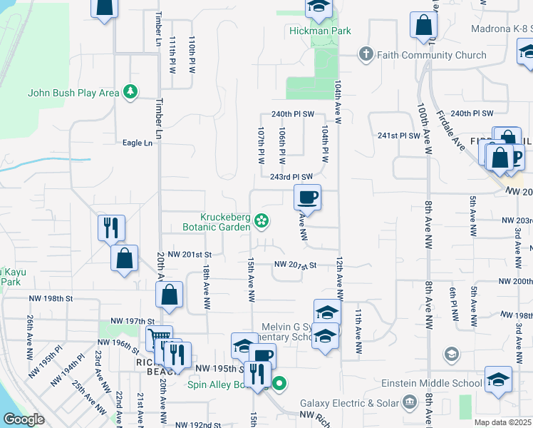 map of restaurants, bars, coffee shops, grocery stores, and more near 1425 Northwest 204th Place in Shoreline