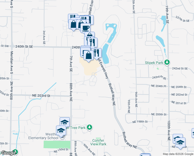 map of restaurants, bars, coffee shops, grocery stores, and more near 9014 Northeast 203rd Lane in Bothell