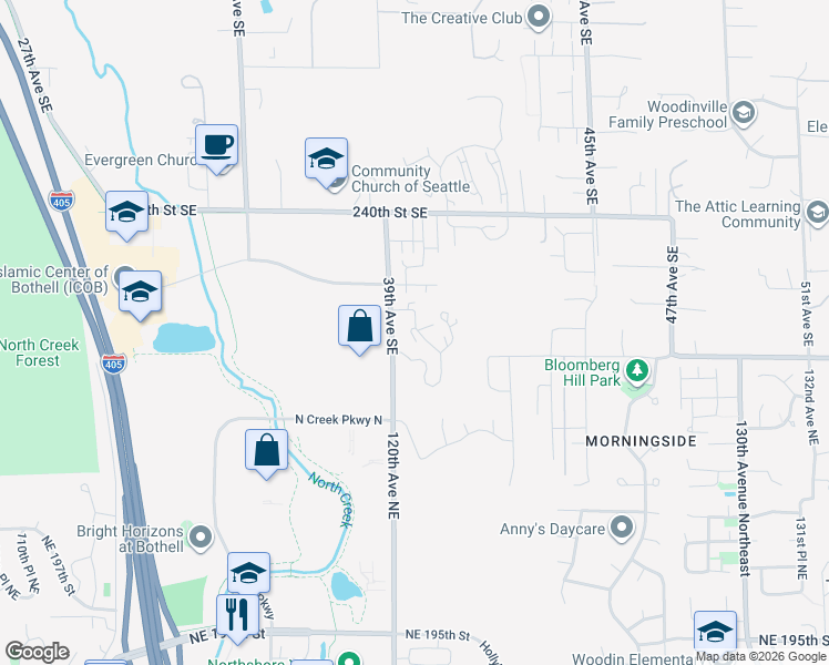 map of restaurants, bars, coffee shops, grocery stores, and more near 12007 Northeast 204th Place in Bothell